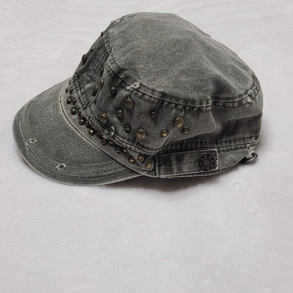 Distressed Studded Military Style Cap Women's One Size Green Hat - Picture 5 of 11